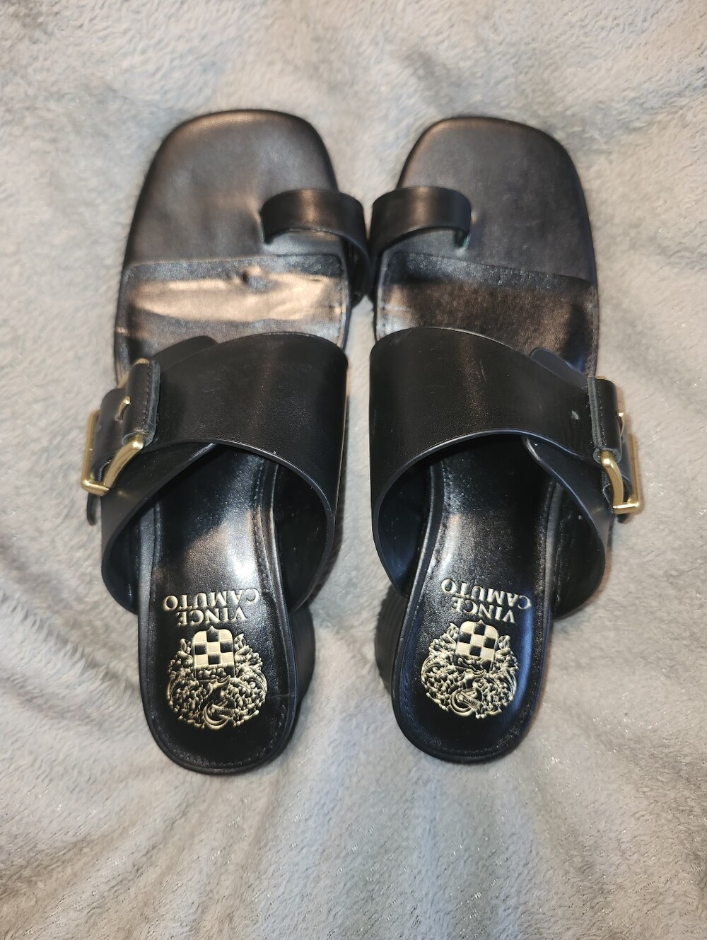 Vince Camuto Black Leather Slide Sandals with Gold Buckle Detail